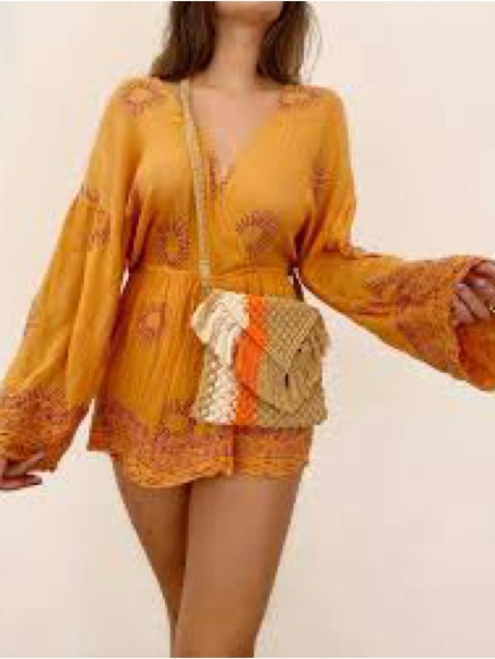 Pull & Bear Boho Summer Sun Print Orange Wrap Style Romper